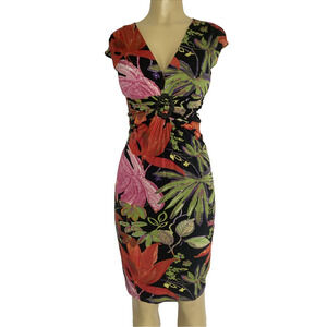 Cache Dress Sheath Cap Sleeve Floral V Neck Ruched 4 S Knee Length Stretch